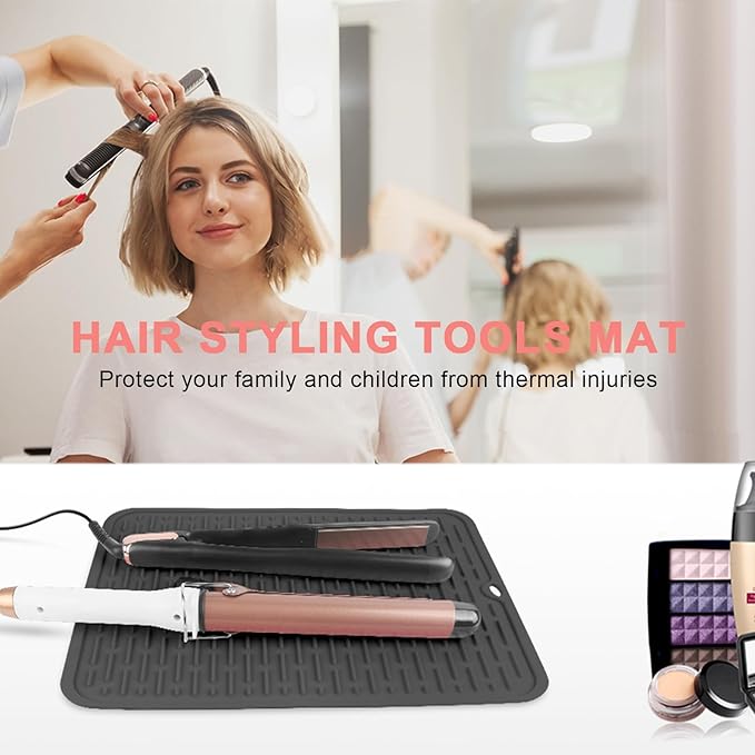 AMIJEAL Oversize Silicone Heat Resistant Mat for Hair Tools, Curling Iron Mat, Hot Tools Holder, Portable Flat Iron Hair Straightener Pad Cover for Travel Vanity Salon(14.2" x 11.0")