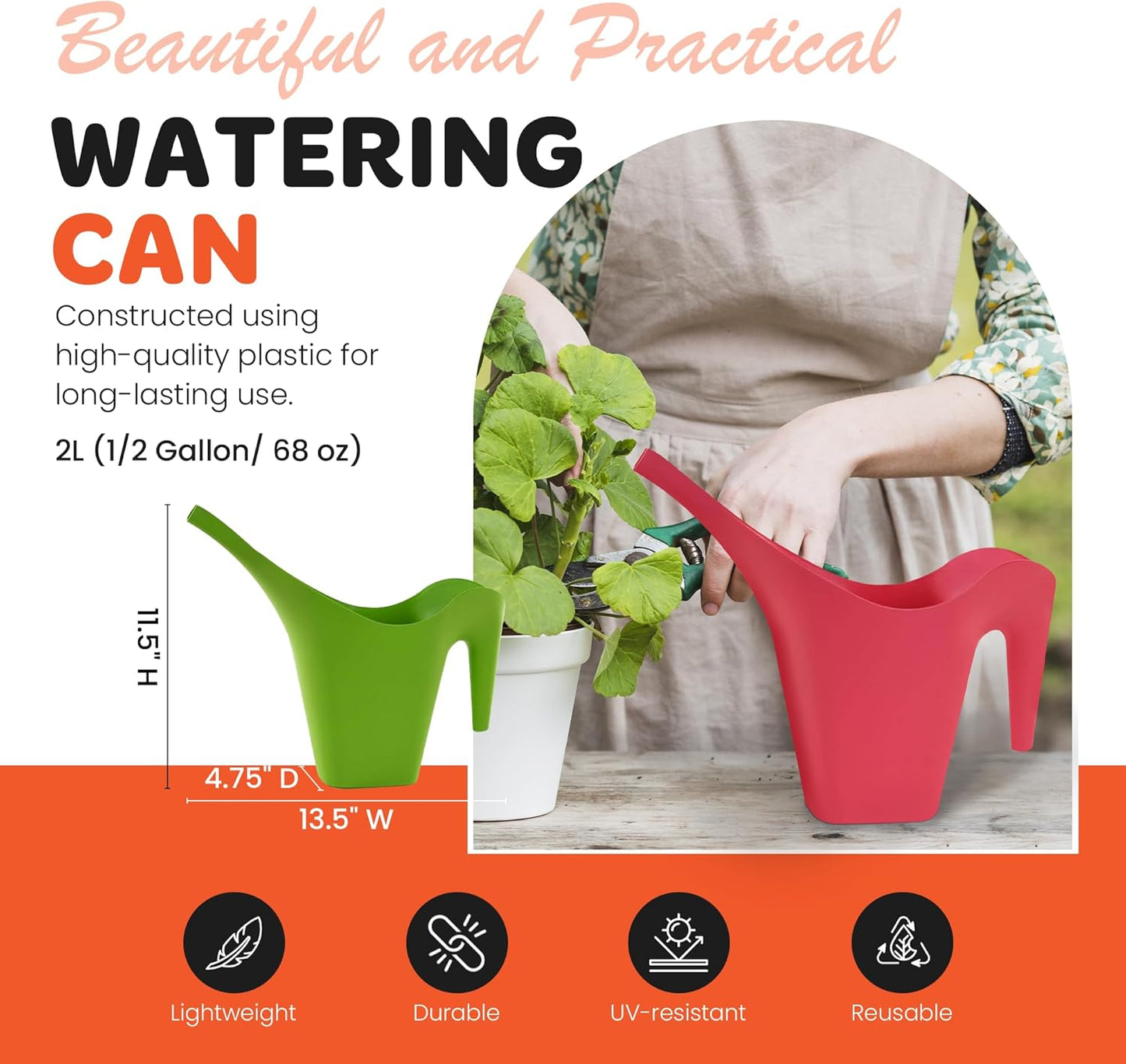 Mintra 1/2 Gallon Plant Watering Can, Indoor Outdoor Water Can for Plants, Long Spout Plastic Water Pitcher for Watering Flower Succulent, Durable and Lightweight, 2L/68 oz, 1 Pack, Fuchsia