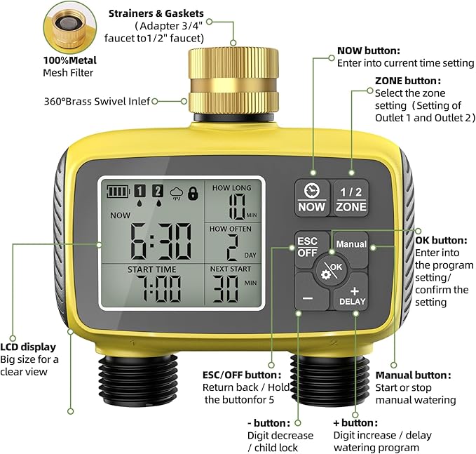 Programmable 2-Zone Smart Sprinkler Timer - Outdoor Automatic Irrigation Water Timer with Rain Delay & Waterproof Brass Swivel for Lawn, Garden, Pool (Yellow)