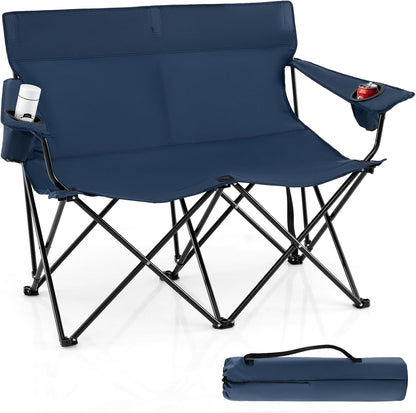 Goplus Double Camping Chair, Oversized Heavy Duty Camping Loveseat for Adults, Portable Folding 2 Person Camping Chair with Cup Holder for Outdoor Lawn Beach Backyard