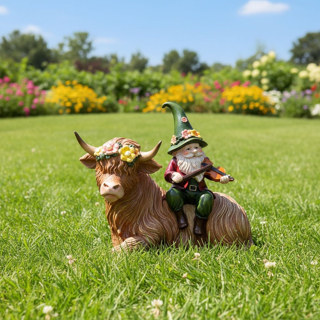 Solar Highland Cow Figurines for Garden with Gnome Playing the Violin 6.7"Resin Garden Gnomes Outdoor Patio Yard Lawn Porch Decor Birthday Housewarming Gifts for Women Mom Grandma Wife Sister Friend