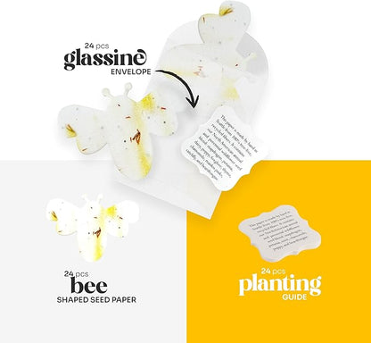 Wildflower Seed Paper - Set of 24 Yellow Bee-Shaped with Envelopes and Planting Instruction, Writable & Plantable Gift for Moms and Plant Lovers, Ideal for Weddings, & Baby Showers