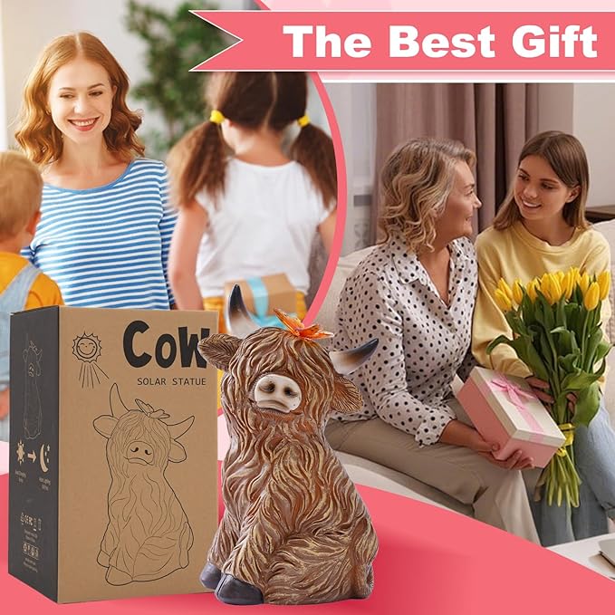 Solar Garden Statue Highland Cow Figurine – Outdoor Decoration with Butterfly for Garden Yard Lawn Home Decor Outside : Unique Gifts for Mom Grandma