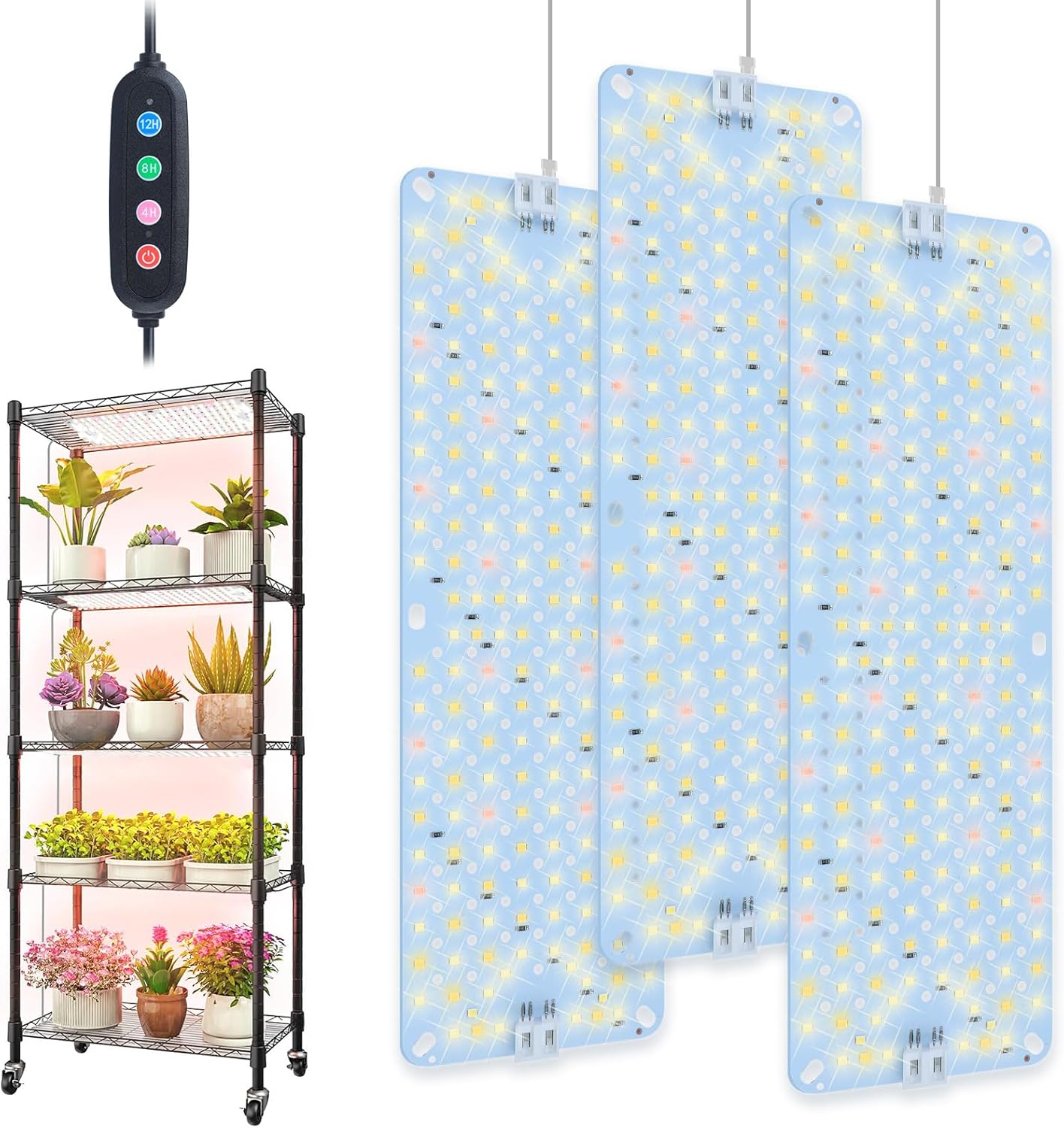 3Pack 2025 Ultra-Thin Panel Grow Lights for Seed Starting, Vegetables, Greenhouse & Under Cabinet & Shelf Plants with Timer 4/8/12H, Free Connect Full Spectrum Indoor LED Plant Growing Lamps