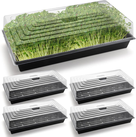 5-Pack 1020 Seed Trays with Humidity Domes - Reusable Heavy Duty Plant Propagation Trays, 3.6" 1020 Clear Greenhouse Covers & Handle for Seedlings, Cloning, Microgreens (No Holes Design)