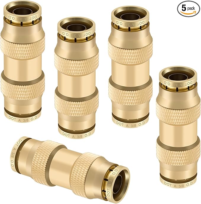 3/8" Quick Push to Connect Fittings Brass Union Straight Joint DOT Approved 3/8 inch tube OD Air Line Adapter Air Spring Suspension Kit for Car Truck Trailers and Air Brake System 5pcs