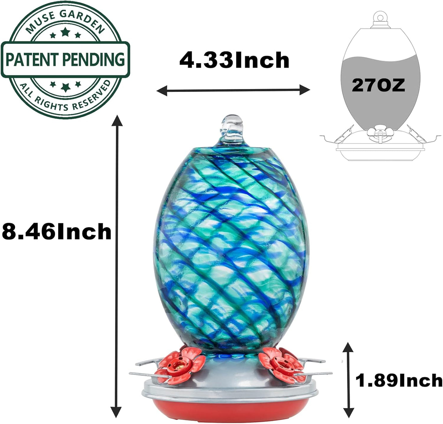 Muse Garden Glass Humming Bird Feeders for Outdoors - 27OZ Blown Glass Hummingbird Feeder - Unique Gift for Mom Women Grandparents, Outdoors Hanging Garden Decor, Ant Moat & Brush, Blue Mermaid