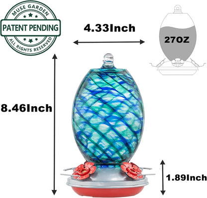 Muse Garden Glass Humming Bird Feeders for Outdoors - 27OZ Blown Glass Hummingbird Feeder - Unique Gift for Mom Women Grandparents, Outdoors Hanging Garden Decor, Ant Moat & Brush, Blue Mermaid
