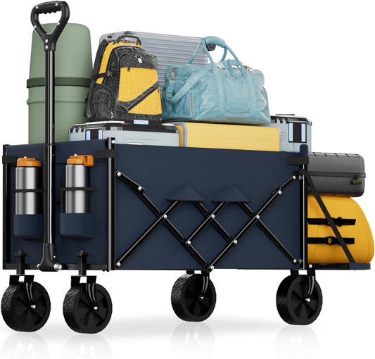 Lightweight Folding Wagon, Large Capacity Collapsible Grocery Cart on Big Wheels, Heavy Duty Foldable Shopping Carts, All-Terrain Outdoor Utility Carts, 4.5 Cu Ft, Blue