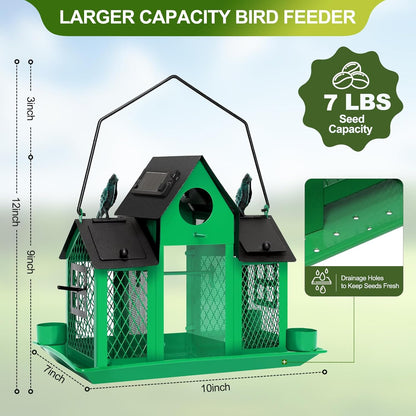 Solar Bird Feeders House for Outdoors Hanging, 7LBS Large Capacity Metal Wild Bird Feeder Squirrel Proof for Outside with Water Cup, Cardinal Birdfeeder Birdhouses Gift for Bird Lovers (Green)