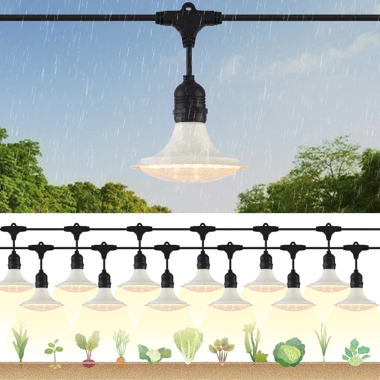 Outdoor LED Grow Lights, Waterproof String Grow Light, Full Spectrum Plant Growing Lights with 42Ft Cord, 12 Lights for Outdoor, Greenhouse Planting, Rainproof and Windproof