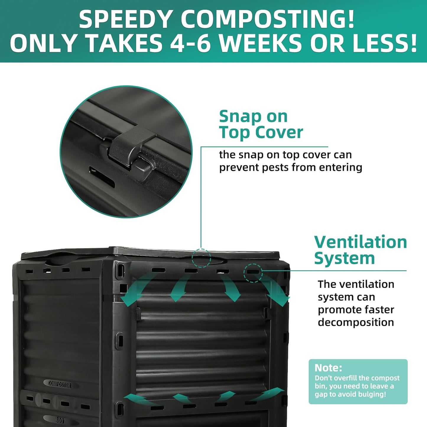 Compost Bin Outdoor 80 Gallon (300L) Large Compost Bin Composter with w/Top Flip Latch-on Lid BPA-Free Composter Barrel for Garden, Kitchen, and Yard Waste, Black, Easy Assembly