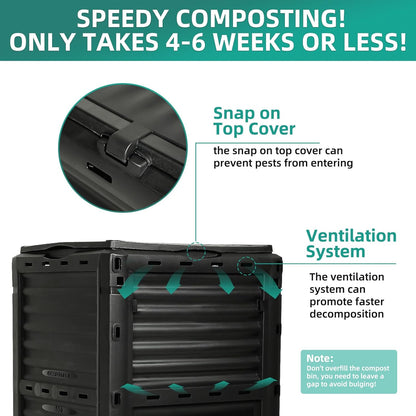 Compost Bin Outdoor 80 Gallon (300L) Large Compost Bin Composter with w/Top Flip Latch-on Lid BPA-Free Composter Barrel for Garden, Kitchen, and Yard Waste, Black, Easy Assembly