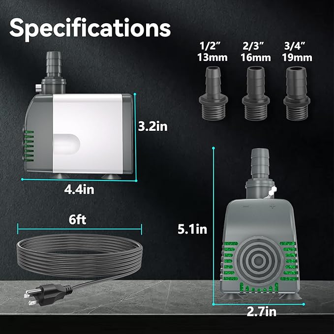 Submersible Water Pump - 800GPH 45W Pond Pumps Ultra-Quiet with Auto Shut-Off & Adjustable Flow Rate for Fountains, Hydroponics, Ponds, Aquariums, and More
