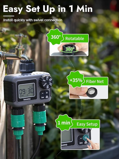 Insoma 2-Zone Sprinkler Timer, Programmable Garden Hose Timer with Auto/Manual/Rain Delay Modes | Water-Saving Irrigation Controller for Lawn, Yard & Drip Systems | Waterproof Design & Easy Setup