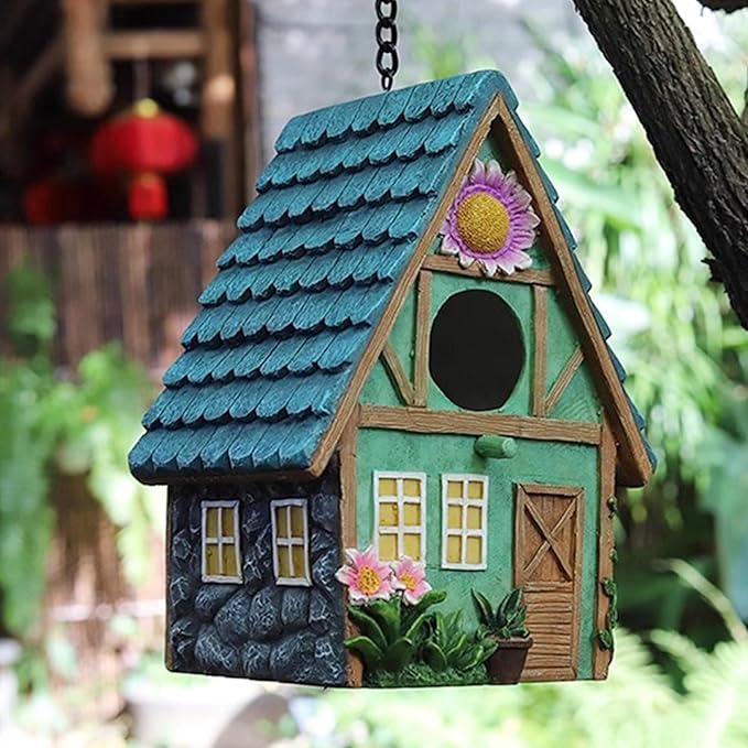 Cottage-Style Hanging Birdhouse with Flower Accents – Hand-Painted Resin Decorative Bird House for Outdoors, Weather-Resistant Garden Decor for Small Birds