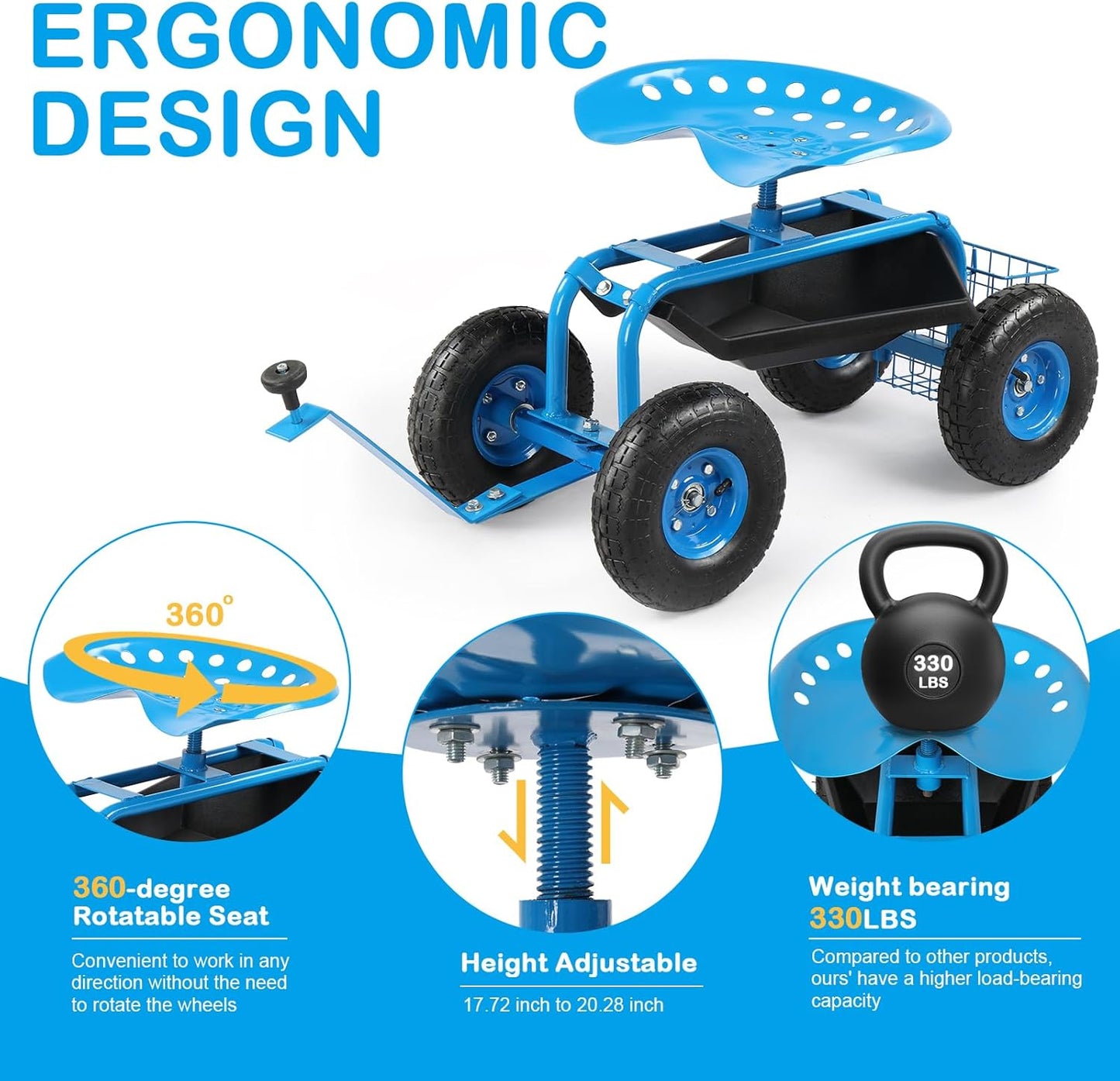 Outvita Garden Cart Gardening Workseat w/Wheels, Rolling Work Seat with Adjustable 360 Degree Swivel Seat, Basket and Tool Tray, Patio Wagon Scooter for Lawn Yard Outdoor Planting（Blue）