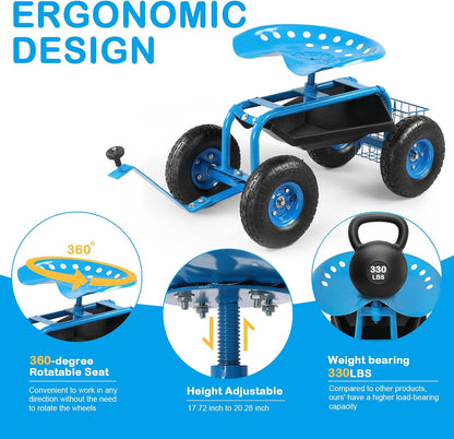 Outvita Garden Cart Gardening Workseat w/Wheels, Rolling Work Seat with Adjustable 360 Degree Swivel Seat, Basket and Tool Tray, Patio Wagon Scooter for Lawn Yard Outdoor Planting（Blue）