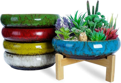 ARTKETTY Succulent Pots - 10 Inch Ceramic Bonsai Pots with Drainage Stand, Large Shallow Planters for Indoor Plants Decorative Garden Cactus Flower Plant Container Bowl