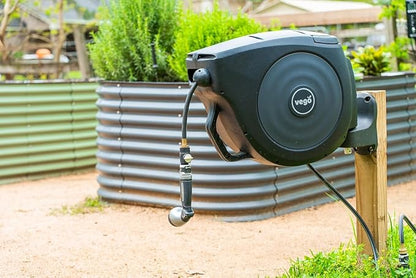Vego Garden Hose Reel Retractable Hi-Flow Wall Mounted Hose Reel Automatic Rewind, Any Length Lock with 9 Patterns Sprayer Nozzle, Quick Connector and Adjustable shot Nozzle (Tidepool Blue, 82ft)