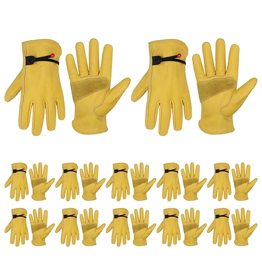 HLDD HANDLANDY 12 Pairs Cowhide Leather Work Gloves with Reinforced Palm for Men & Women (Yellow-12pairs, X-Large (Pack of 12))