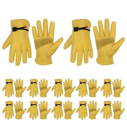 HLDD HANDLANDY 12 Pairs Cowhide Leather Work Gloves with Reinforced Palm for Men & Women (Yellow-12pairs, Small (Pack of 12))