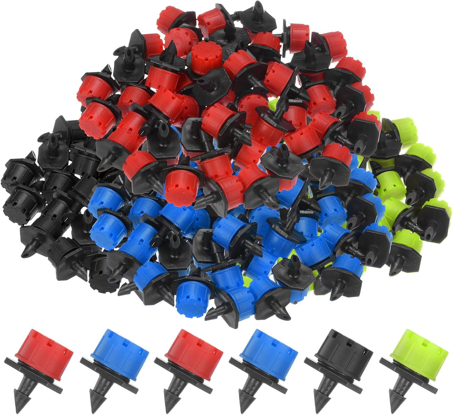 200-Pack 360 Degree Adjustable Irrigation Dripper, 1/4 Inch Barbed Emitter Drip Sprinklers for Garden/Greenhouse/Flower Bed/Watering System, Anti-Clogging Emitters [4Colors]