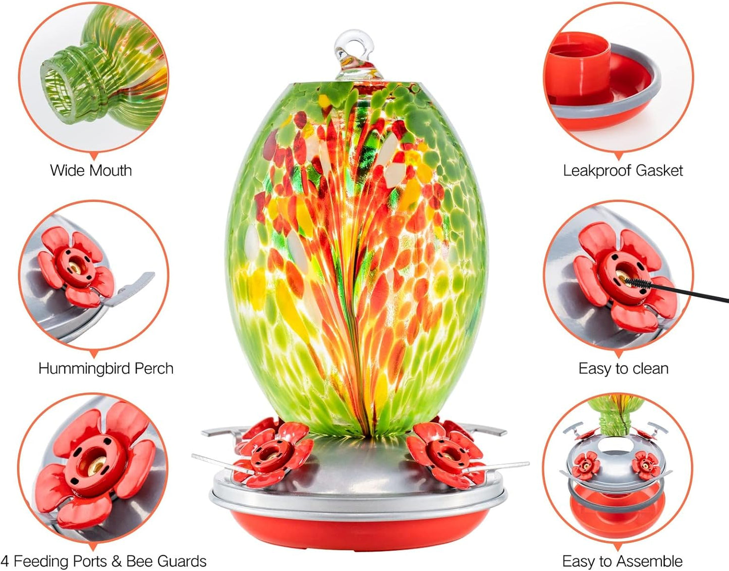 Muse Garden Glass Humming Bird Feeders for Outdoors - 27OZ Blown Glass Hummingbird Feeder - Unique Gift for Mom Women Grandparents, Outdoors Hanging Garden Decor, Ant Moat & Brush, Green Floral