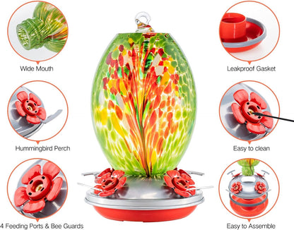 Muse Garden Glass Humming Bird Feeders for Outdoors - 27OZ Blown Glass Hummingbird Feeder - Unique Gift for Mom Women Grandparents, Outdoors Hanging Garden Decor, Ant Moat & Brush, Green Floral