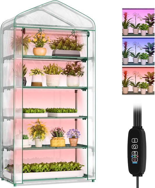 SUNYRISY Indoor Greenhouse with Grow Lights 5 Tier Plant Stand Shelf, Mini Small Greenhouse Kit with Zippered PVC Tent for Indoor Garden Seed Starting Tray, 36W Full Spectrum