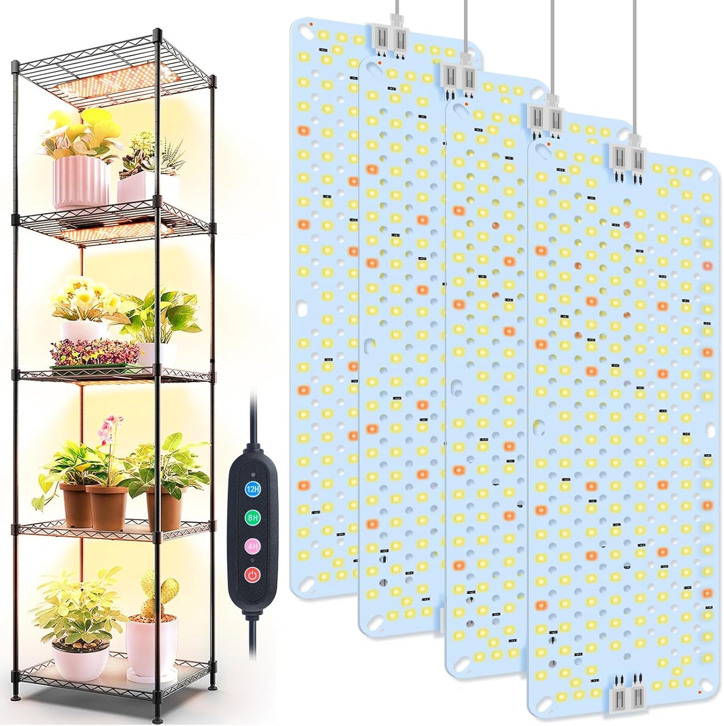 4Pack Panel Grow Lights for Indoor Plants, Seed Starting, Vegetables, Pot Plants, Bonsai with Timer, Ultra-Thin Under Cabinet & Shelf Full Spectrum LED Plant Growing Lamps, Multi-Panels Free Connect