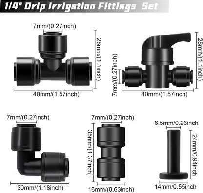 45 Pack Quick Connect 1/4" Drip Tubing Irrigation Fittings Kit Universal 1/4'' Drip Irrigation Tubing Connectors Leak Free Fitting Set Includes 10 Tee 10 Coupling 10 Elbow 10 End Cap 5 Shut Off Valve