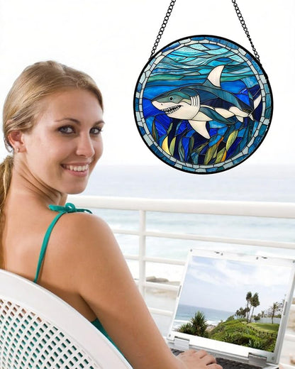 Stained Glass Suncatcher, Blue Ocean Big Shark Sun Catcher Waterweed Stain Glass Window Hanging Decoration Mother's Day Birthday Gifts for Women Men Mom Nana 6.3 in