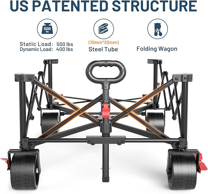 TIMBER RIDGE 600L Beast Wagon 26" W Extra Wide All Terrain Folding w/Big Wheels, Cargo Net & Tailgate, 26" W and 55.25" L, 400lbs Heavy Duty Collapsible Portable Cart for Camping, Sports, Dogs, Blue