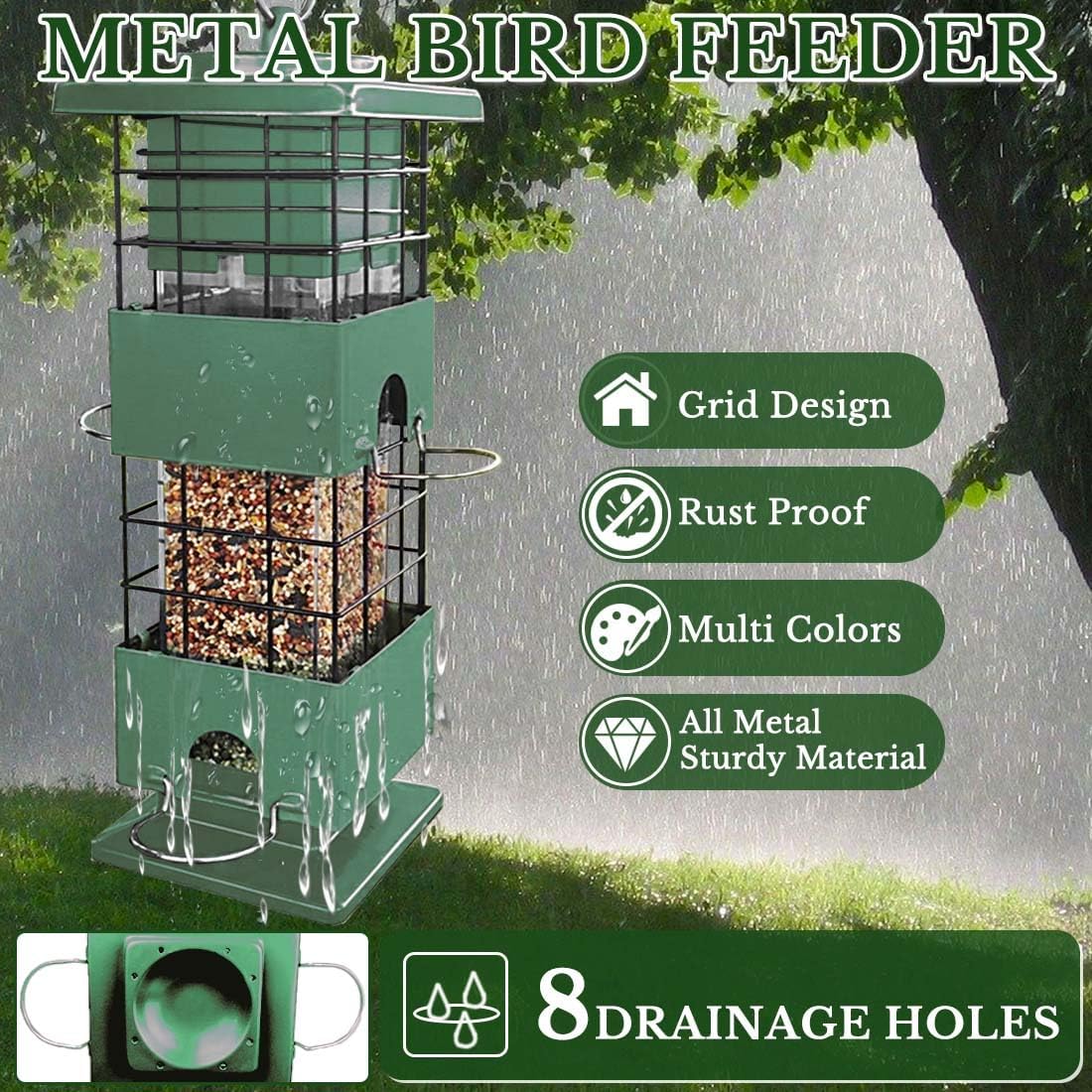 Squirrel Proof Bird Feeder, Metal Bird Feeders for Outdoors, 3 Lbs Birdfeeder Outside Hanging, Weight Activated Spring, 4 Feeding Ports, Cardinals, Finches and Sparrows, Wild Birds (Green)
