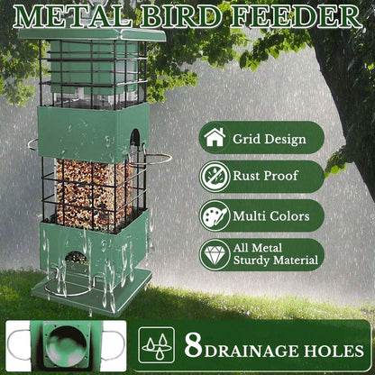 Squirrel Proof Bird Feeder, Metal Bird Feeders for Outdoors, 3 Lbs Birdfeeder Outside Hanging, Weight Activated Spring, 4 Feeding Ports, Cardinals, Finches and Sparrows, Wild Birds (Green)