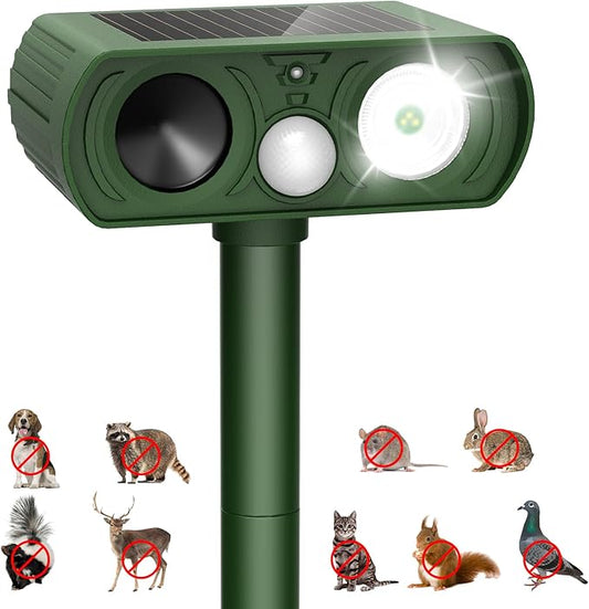 Upgraded Solar Ultrasonic Animal Repellent Outdoor, Deer Repellent Devices Motion Detection, Waterproof Cat Squirrel Skunk Raccoon Dog Bird Deterrent with Flash Lights for Yard Farm Garden Patio