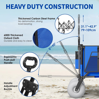 Beach Wagon with Big Wheels for Sand - 450lbs Load Heavy Duty Wagons Carts Foldable with 9" All Terrain Inflatable Tires, Collapsible Beach Cart for Grocery Shopping Garden Sports Camping Outdoor