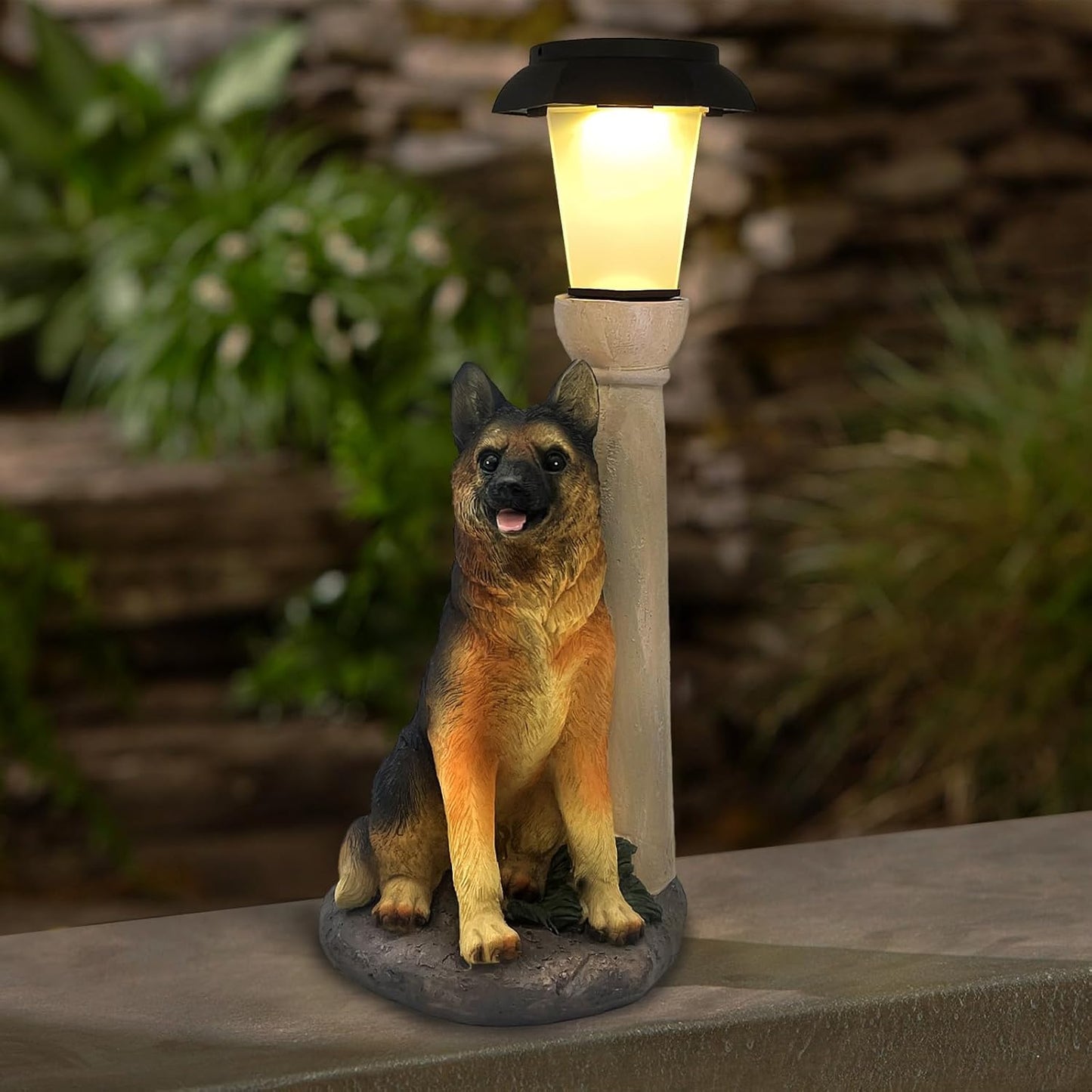 Solar Dog Garden Statues with Lantern, Resin German Shepherd Sculpture with Warm White Light for Outside Lawn Porch Patio