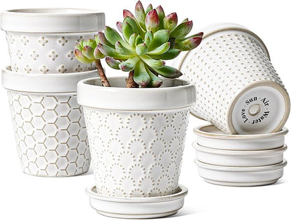 LE TAUCI 3 Inch Mini Succulent Pots - Very Small Ceramic Planter with Saucer, Tiny Embossed Flower Pots for Lithops, Mini Cactus, Air Plants, Fairy Gardens - Indoor Home Decor, Set of 4, Arctic White