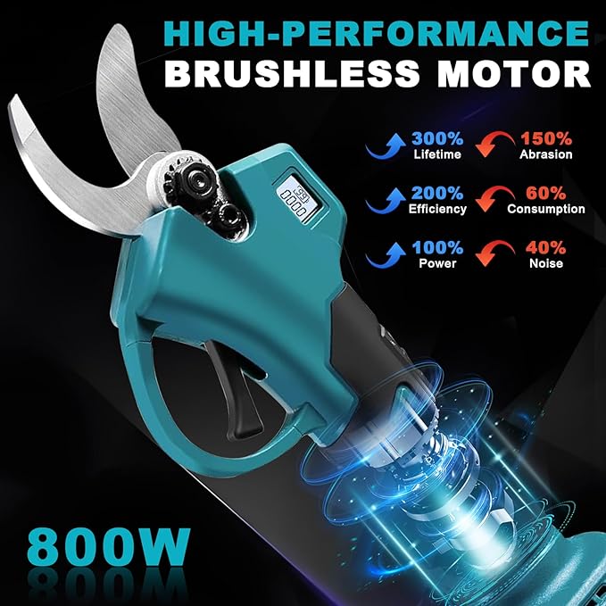 Electric Pruning Shears, Cordless Garden Shears, Branch Pruners with LCD Display, Cutting Diameter 1.2 Inch, Comes with 2 2.0Ah Batteries, Charger and Replacement Blade Set for Gardening Tree Pruning