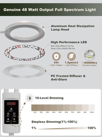 GLOWRIUM Smart Grow Lights for Indoor Plants, 48W Full Spectrum Plant Lights, Bluetooth App & Manual Control, Adjustable Height 47-70.9", Auto Timer, Indoor Plant Lamp for Tall Indoor Plants