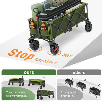 Timber Ridge 51.2'' Extended Collapsible Wagon Cart with Brakes and Cargo Net, Heavy Duty Foldable Utility Wagon with Adjustable Handle, 400L Capacity Portable Cart for Camping Sports Shopping