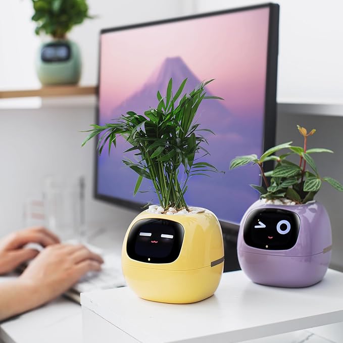 Smart pet Planter Robot Guidance on Plant Care with Emojis, Adorable Plant Companion with Rich Gesture Interaction, Neat Desk Setup Gift (White)