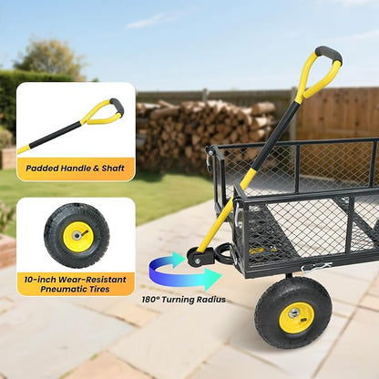 900 lbs Steel Garden Cart, Heavy Duty Yard Utility Wagon with 10" Pneumatic Tires, Removable Mesh Sides and 180° Rotating Anti-Slip Handle
