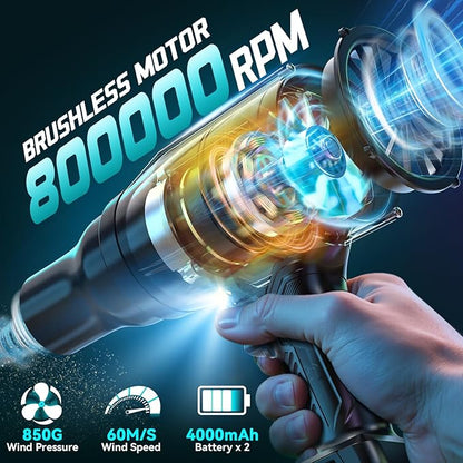 Leaf Blower Cordless Ecarke Portable Dust Cleaner, 800000RPM Handheld Brushless Turbo Jet Blower for Lawn Care, Patio Cleaning, Leaves with 2X 4.0Ah Battery, Charger, Storage Case Included