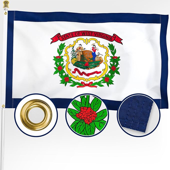 XIFAN Premium West Virginia State Flag 3x5 ft Outdoor, Double Sided Embroidered Pattern, Heavy Duty 210D Nylon WV Flags, the Strongest Longest Lasting for Outside with Sewn Stripes/Brass Grommets
