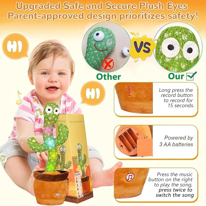 Dancing Talking Cactus Toy, Baby Singing Recording Mimicking Cactus Toy, Repeats What You Say, Musical Interactive Infant Toddler Toys for 1 Year Old Boys Girls