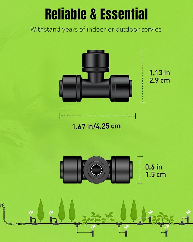 Pawfly 15 Pack Quick Connect 1/4" Drip Irrigation Tee Connectors, Push-to-Connect Drip Irrigation Tee Fittings for 1/4 Inch Irrigation Tubing & Sprinklers, Anti-Leak Drip Irrigation System Parts