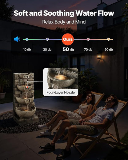 VEVOR Outdoor Water Fountain, 35.63 in Height Fountain and Waterfall, 4-Tier Floor Standing Cascading Fountains with LED Light and Pump, Block Stack Style, for Outdoor Indoor Garden, Patio & Backyard